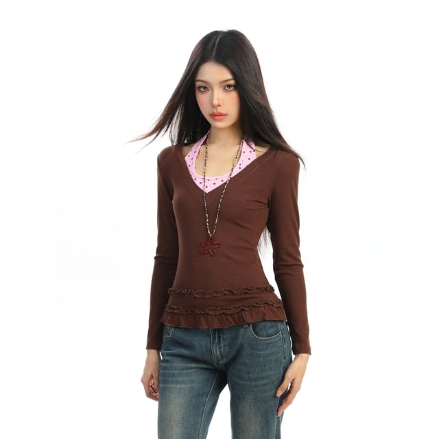Halter Neck Polka Dot Frill Trim Long-Sleeve Tee