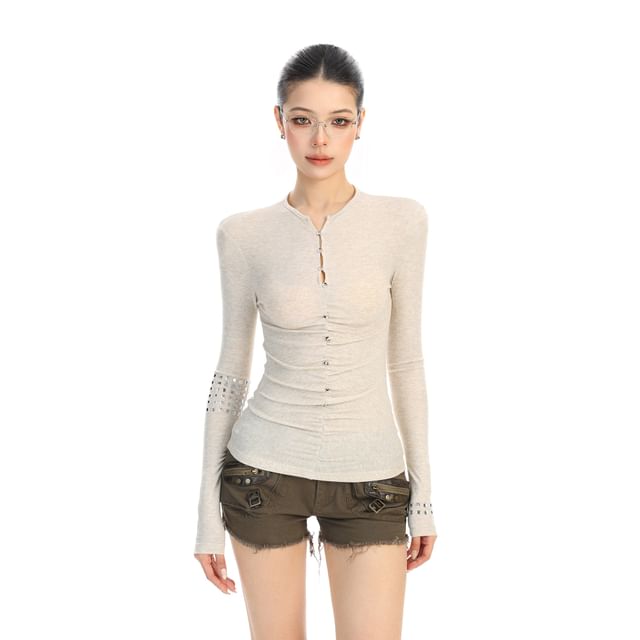 Notch Neck Rhinestone Accent Ruched Long-Sleeve Tee