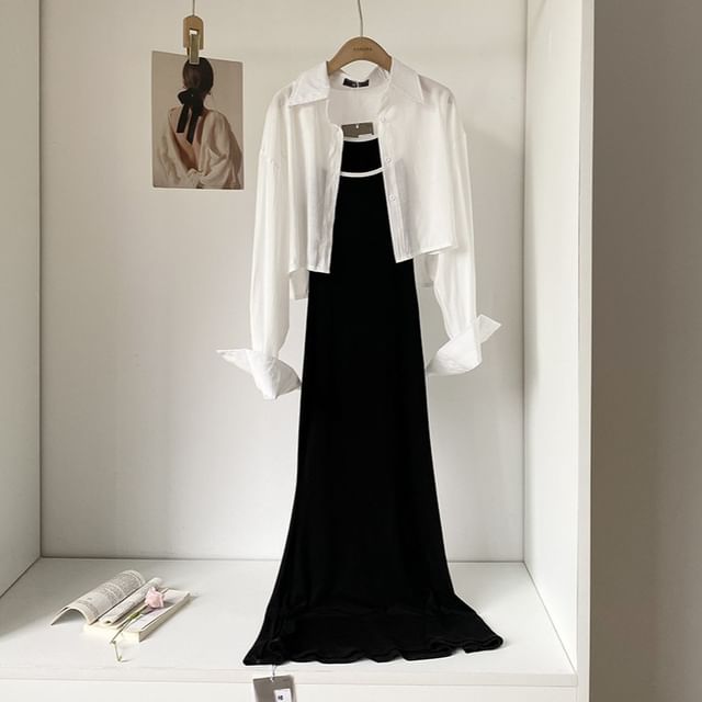 Set: Long-Sleeve Button-Up Plain Crop Shirt + Spaghetti Strap Contrast Trim Maxi Mermaid Dress