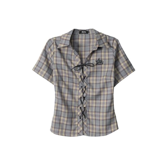 Collared Plaid Lace Up Shirt Short Sleeve