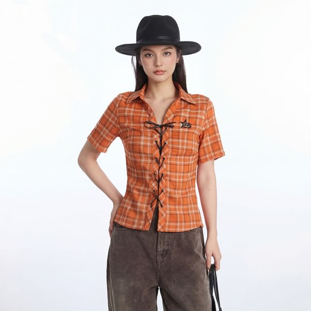 Plaid Collared Lace-Up Short Sleeve Shirt