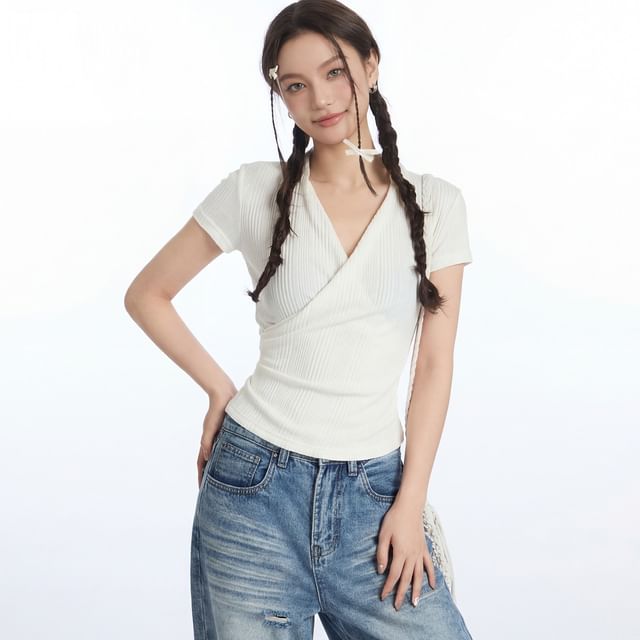 Ribbed V-Neck Wrap Top with Short Sleeves