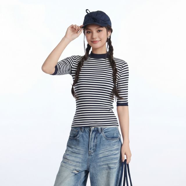 Breton Striped Mock Neck Knit Top with Elbow Sleeves