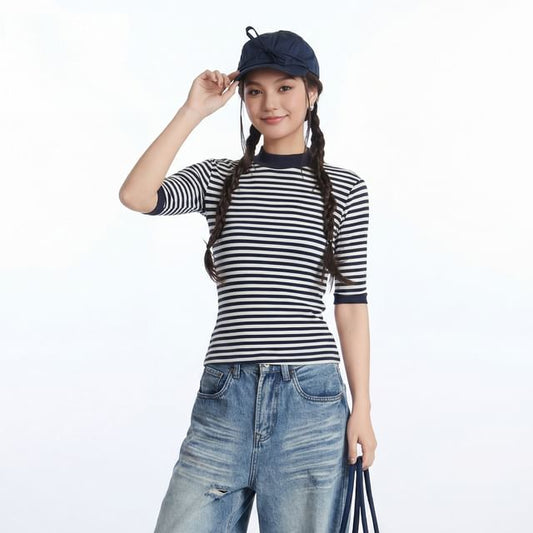 Breton Striped Mock Neck Knit Top with Elbow Sleeves