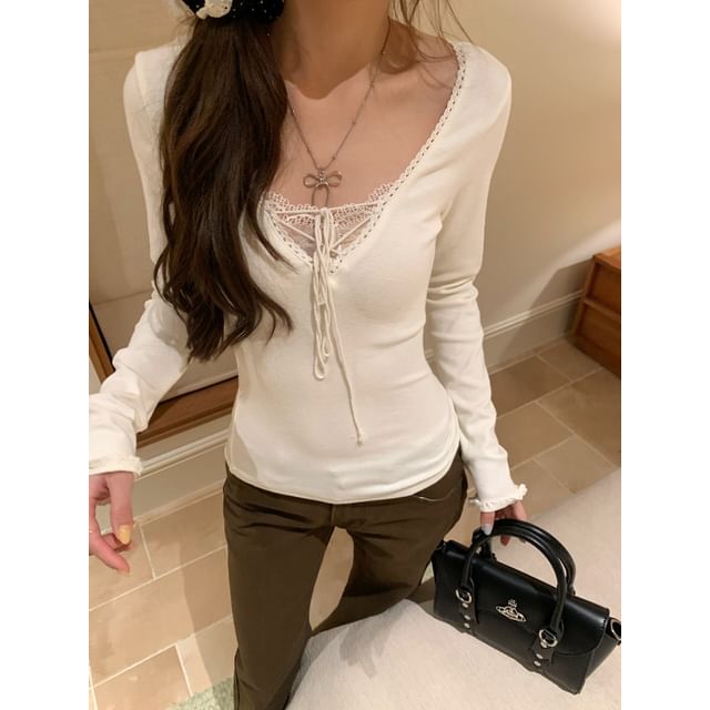 V-Neck Lace Up Panel Top Long Sleeve