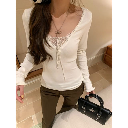 Lace-Up Panel V-Neck Long Sleeve Lace Top