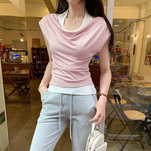 Halter Striped Two-Piece Short Sleeve Top