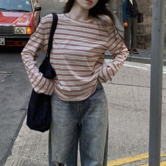 Contrast Stitch Striped One Shoulder Long Sleeve Top