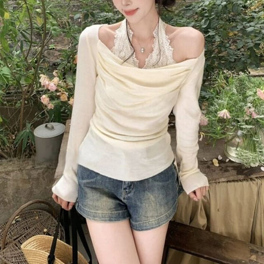 Cold Shoulder Mock Two Piece Lace Knit Top
