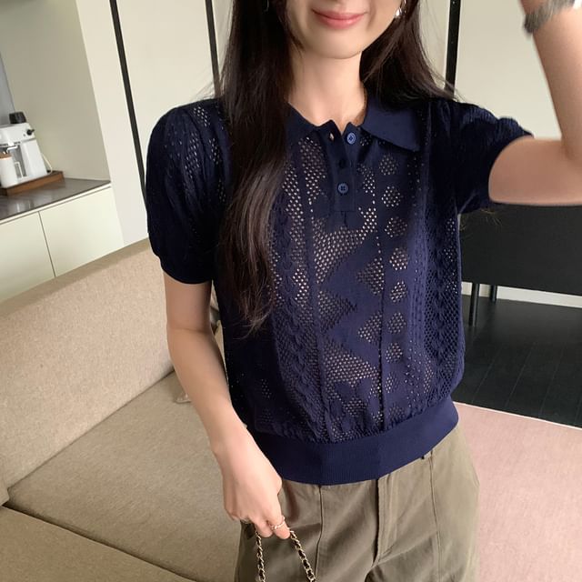 Pointelle Knit Polo Top with Short Sleeves