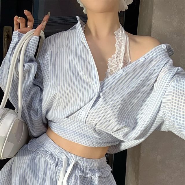 Striped Crop Shirt, A-Line Skirt & Lace Top Set