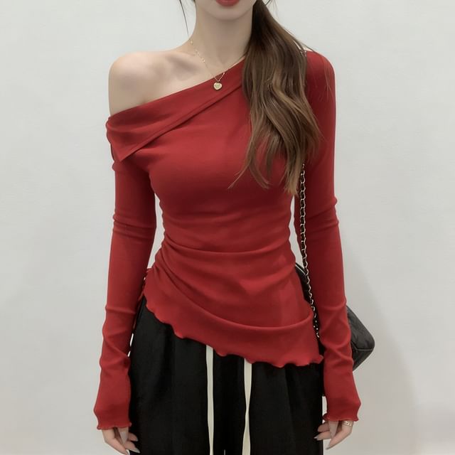 Drawstring One Shoulder Long Sleeve Top