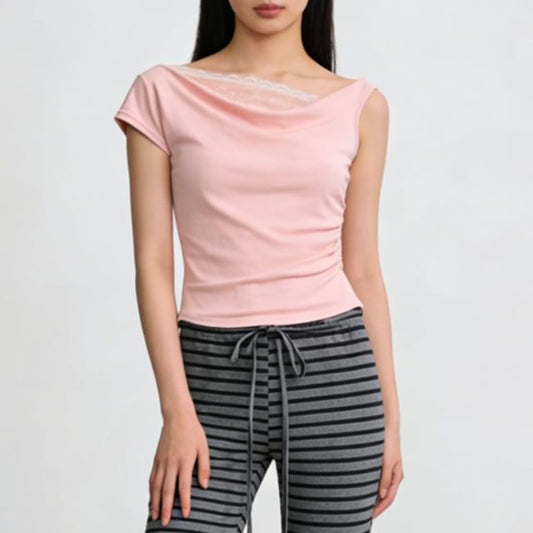 Off-Shoulder Lace Panel Ruched Cropped Tee