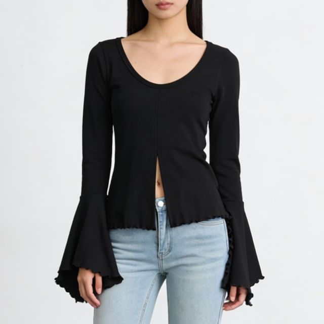 Scoop Neck Lettuce Edge Slit Long-Sleeve Tee