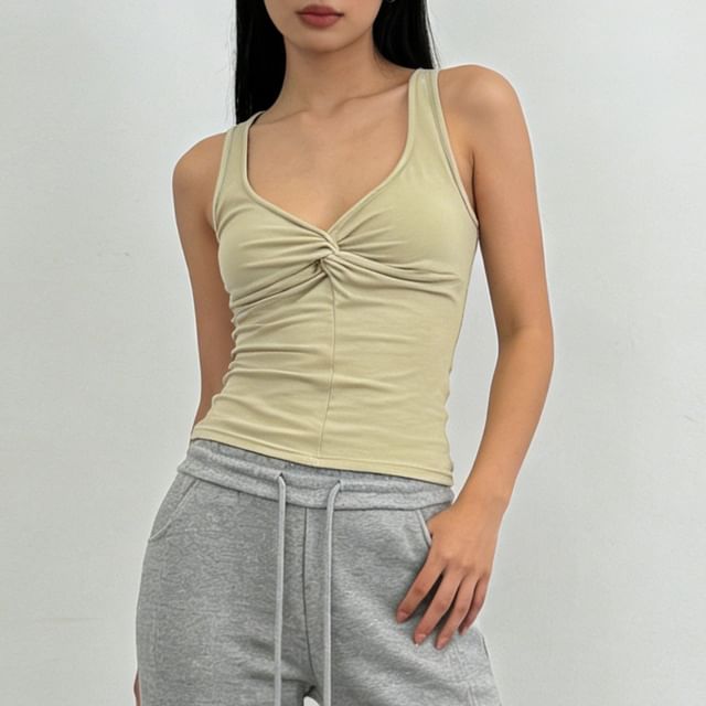 V-Neck Lace Padded Crop Tank Top Ruched