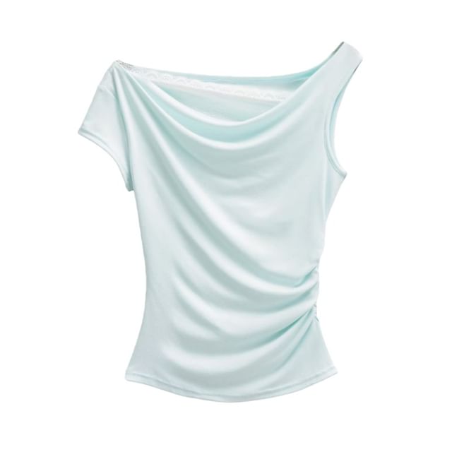 Off-Shoulder Asymmetrical Lace Crop Tee Short Sleeve