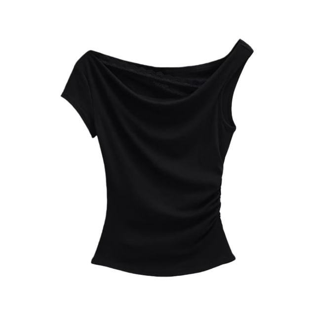 Off-Shoulder Asymmetrical Lace Crop Tee Short Sleeve