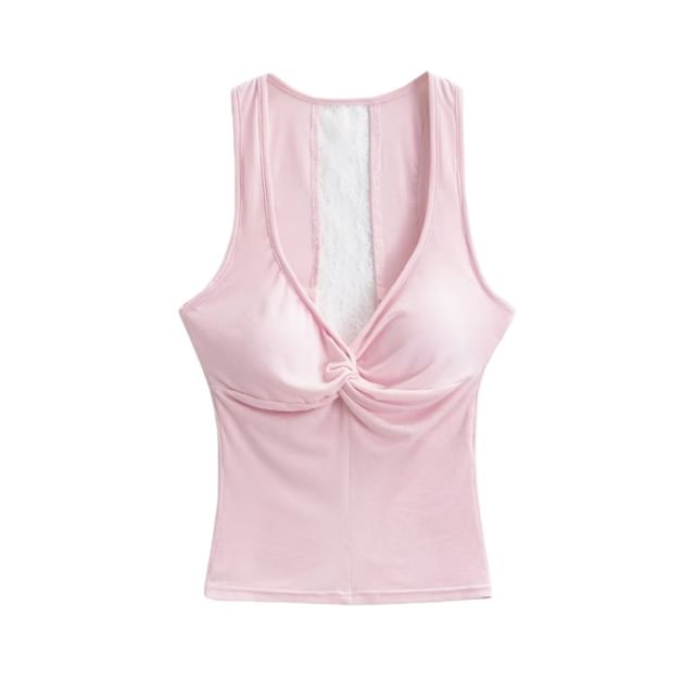 V-Neck Lace Trim Padded Crop Tank