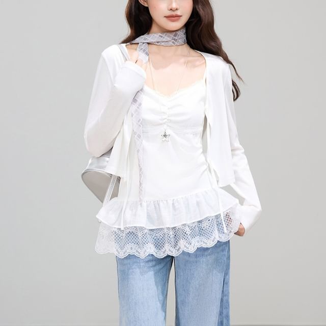 Lace Panel Ruched Camisole & Tie Front Crop Cardigan Set