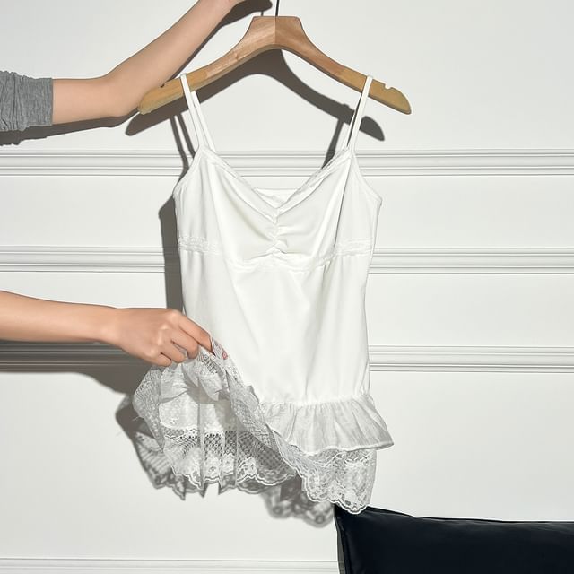 Lace Panel Ruched Camisole & Tie Front Crop Cardigan Set