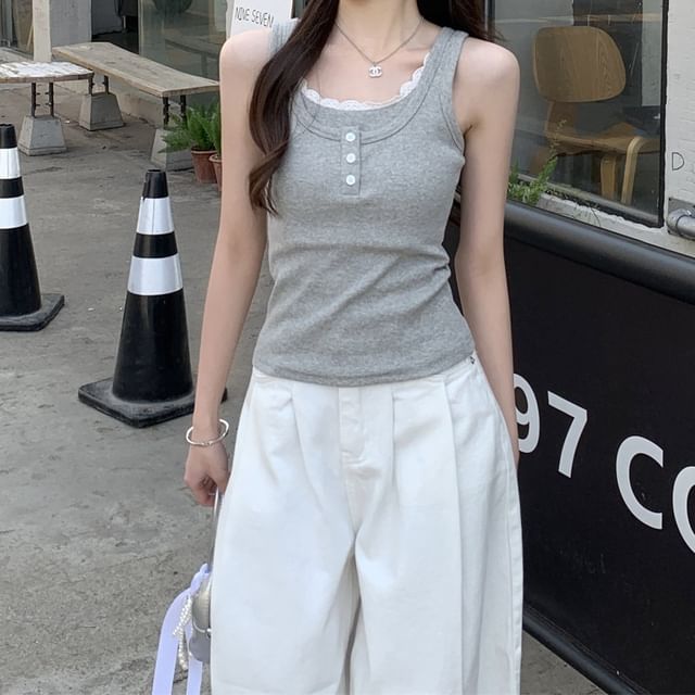 Scoop Neck Lace Trim Mock Two Piece Tank Top