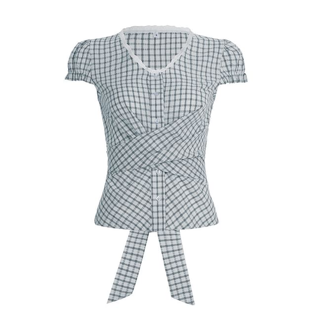 Puff-Sleeve Plaid Lace Trim Tie-Waist Blouse