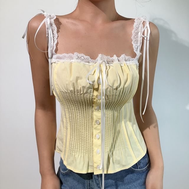 Square Neck Lace Panel Button-Up Crop Camisole Top