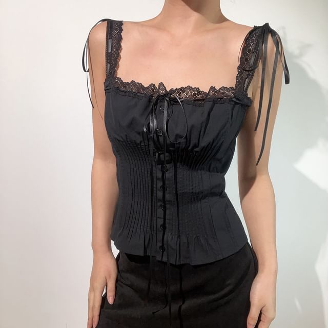 Square Neck Lace Panel Button-Up Crop Camisole Top