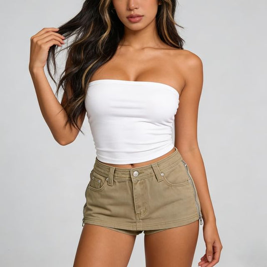 Mid Rise Plain Zip Slit Mini Denim Skirt