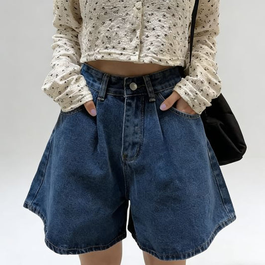 High Waist Washed Denim Wide Leg Shorts