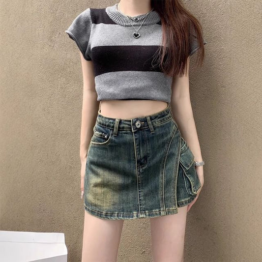 High Waist Asymmetrical Denim Mini Pencil Skort