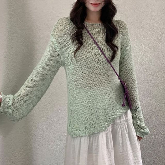 Perforated Crew Neck Knit Top with Long Sleeves