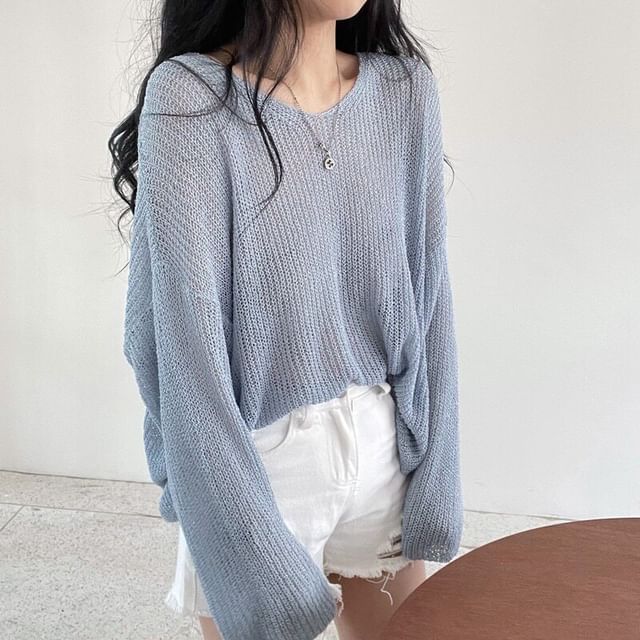 Perforated Sheer V-Neck Knit Top with Long Sleeves