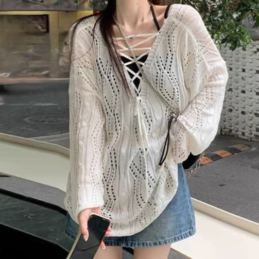 Pointelle Knit V-Neck Lace-Up Top with Long Sleeves