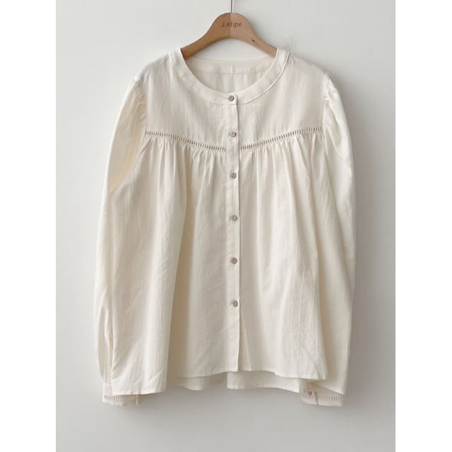 Gathered Panel Blouse with Round Neck and Long Sleeves