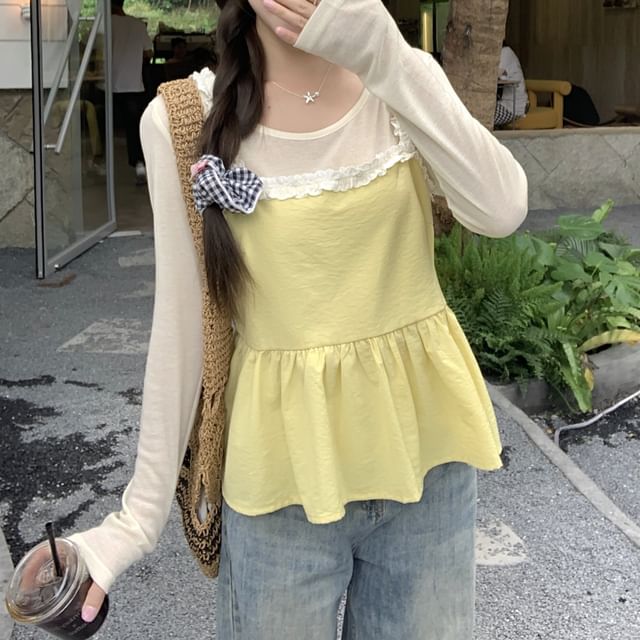 Long-Sleeve Round Neck Tee and Ruffle Tunic Camisole Set