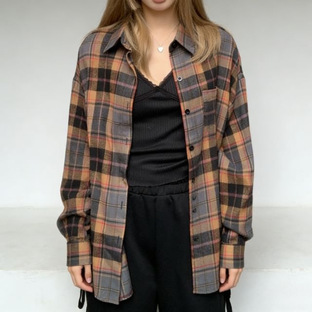 Drop-Shoulder Plaid Long-Sleeve Shirt