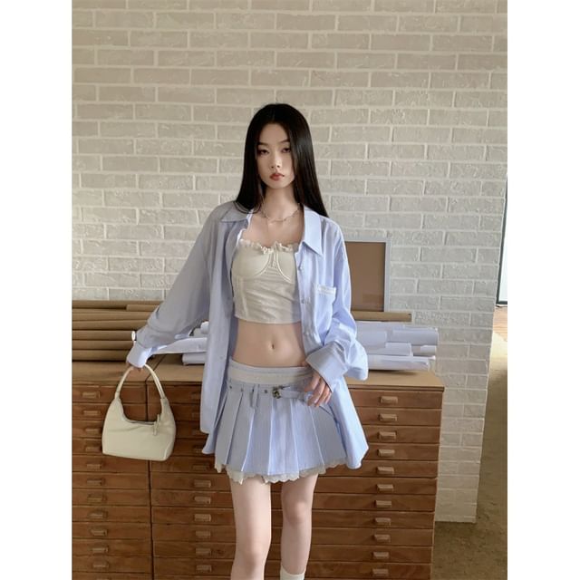 Matching Set: Long-Sleeve Shirt, Pleated Mini Skirt, and Camisole