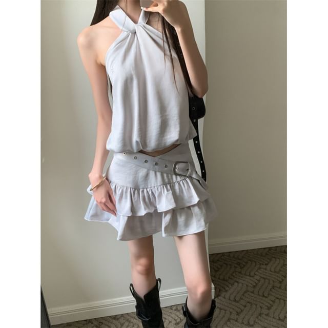 Halter Crop Top with Belted Tiered Mini Skirt