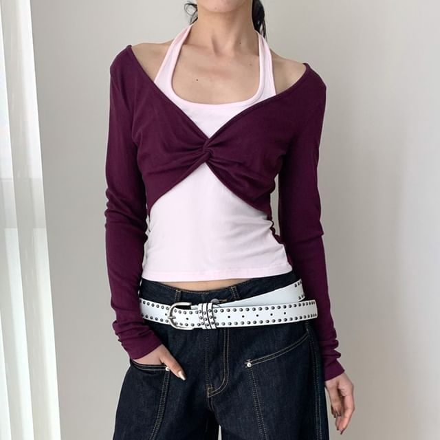 Two-Tone Long-Sleeve Crop Top with Mock Layer