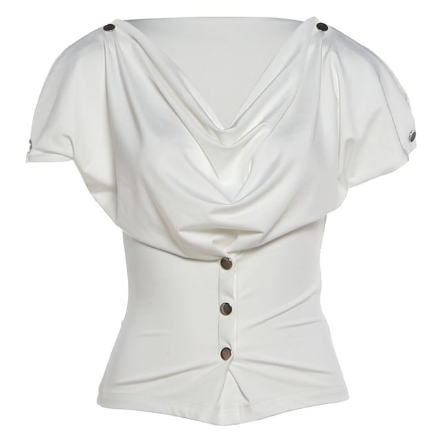 Buttoned Slim Cowl Neck Crop Top with Short Sleeves