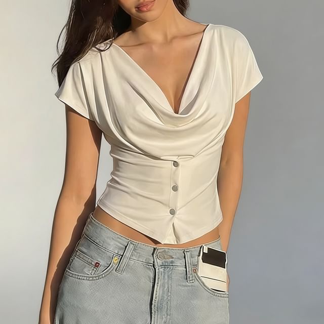 Buttoned Slim Cowl Neck Crop Top with Short Sleeves