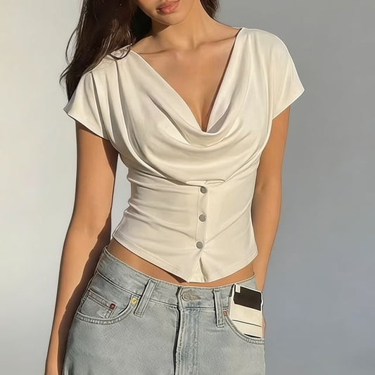 Buttoned Slim Cowl Neck Crop Top with Short Sleeves