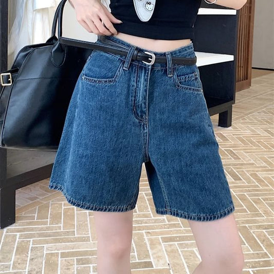 Mid Rise Washed Denim Wide Leg Shorts