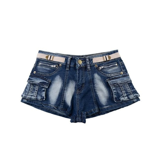 Mid Rise Washed Buckled Denim Cargo Hot Pants