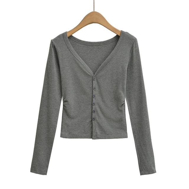 Button Up Crop Tee - Long Sleeve V-Neck