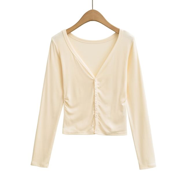 Button Up Crop Tee - Long Sleeve V-Neck