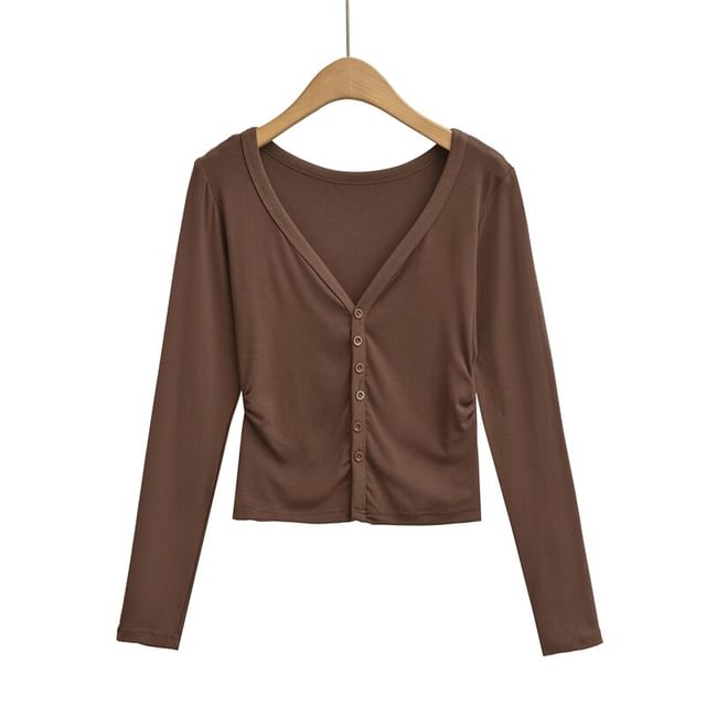Button Up Crop Tee - Long Sleeve V-Neck