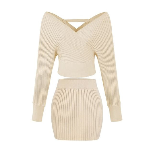 Off Shoulder Ribbed Knit Sweater and Mid Rise Knit Pencil Skirt Set