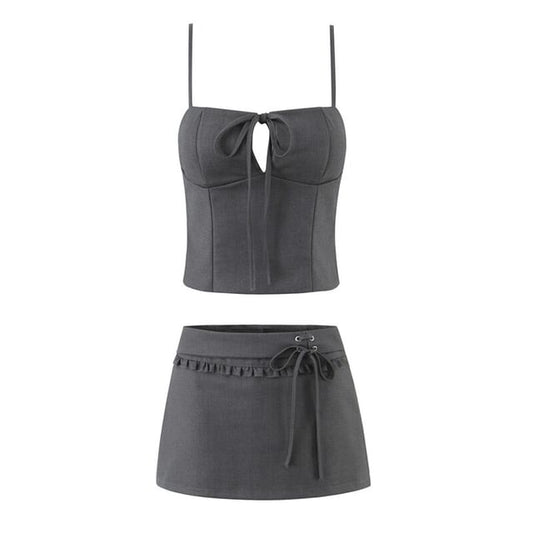 Keyhole Cutout Camisole Top and Ruffle Trim Mini A-Line Skirt Set